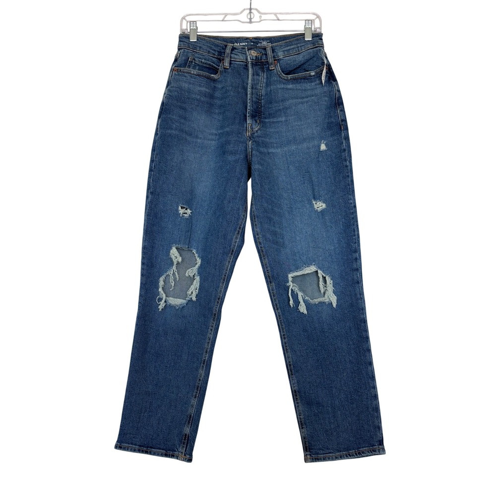 Old Navy High-Waisted Curvy Sky-Hi Button Fly Distressed Jeans Size 8 Blue